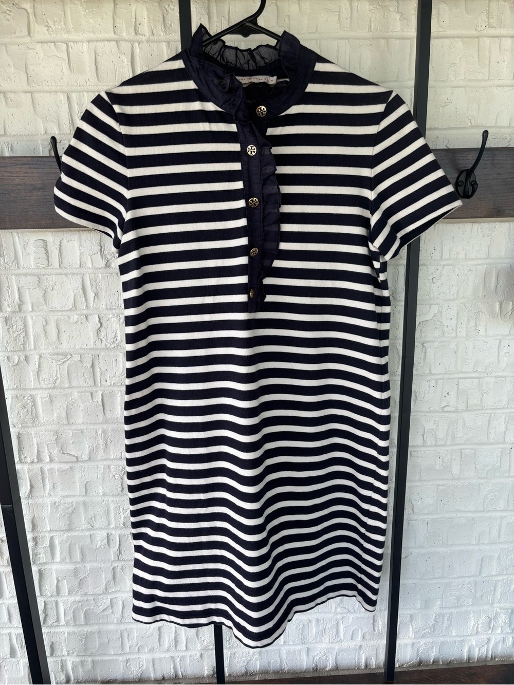 Tory Burch Navy and White Striped Short Sleeve Ruffle Placket Dress